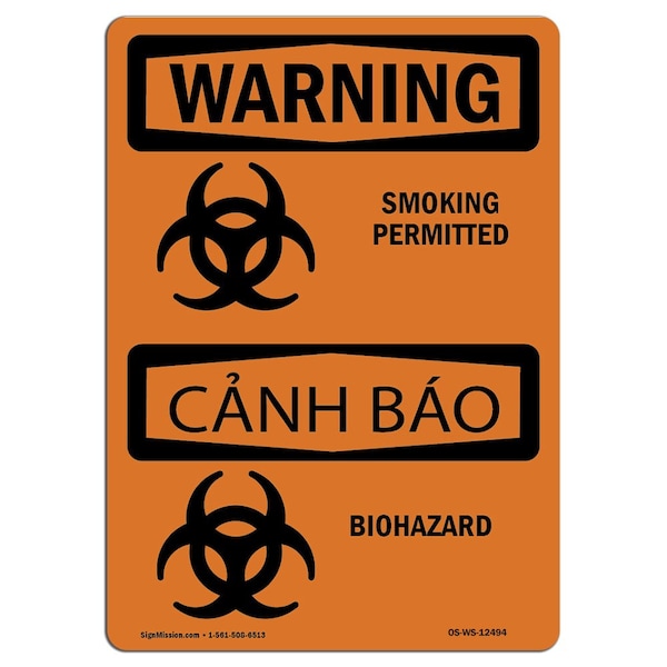 Safety Sign, OSHA WARNING, 3.5" Height, 5" Width, Biohazard Bilingual, Landscape, 10PK